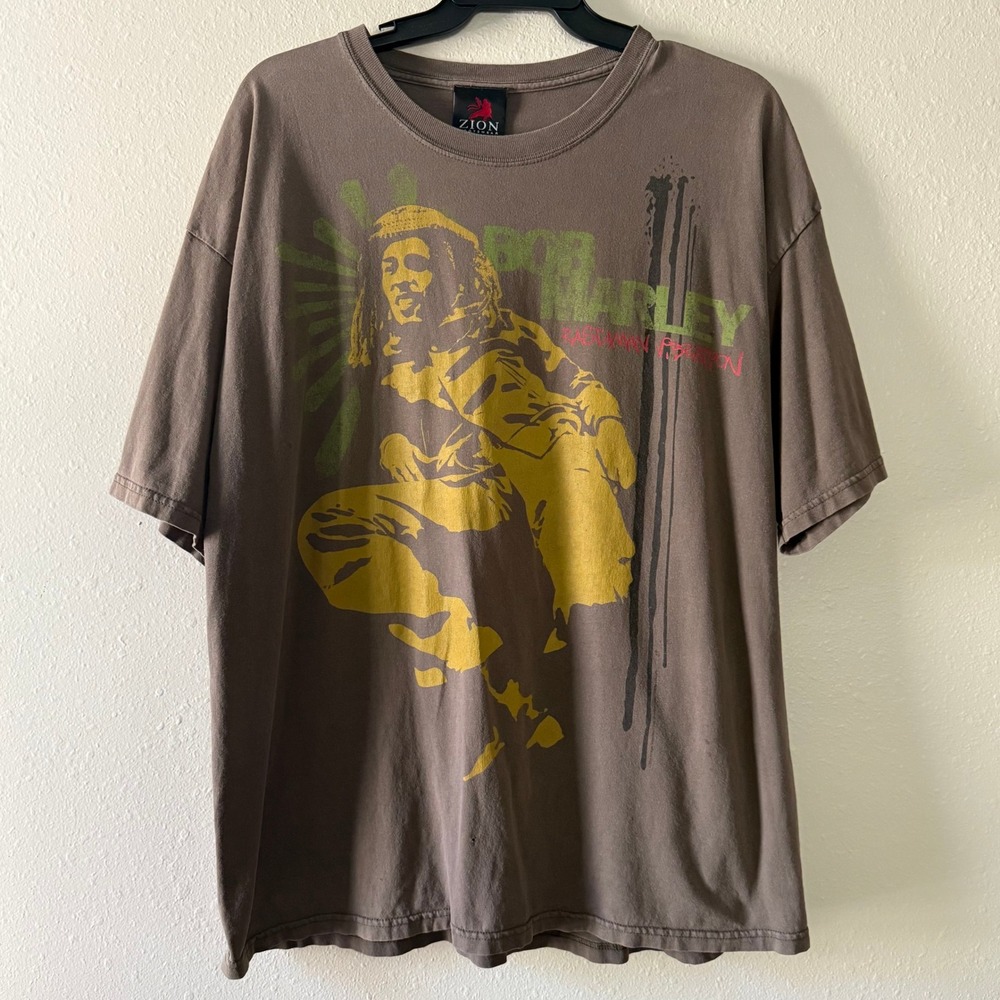 Zion Rootswear Bob Marley Rastaman Vibration Graphic T-Shirt Brown 2XL Mens VTG